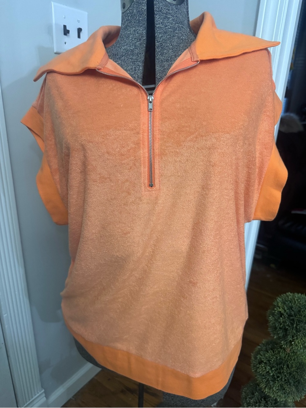 Women’s BIBI Orange Quarter Zip-Front Terry Polo Top Medium